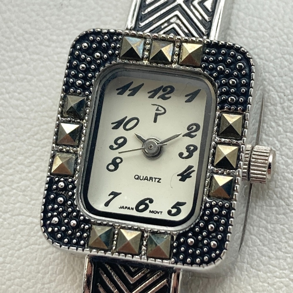 Marcasite Women's Watch Silver Tone Geometric Cuff READ 18mm New Battery 6.25"